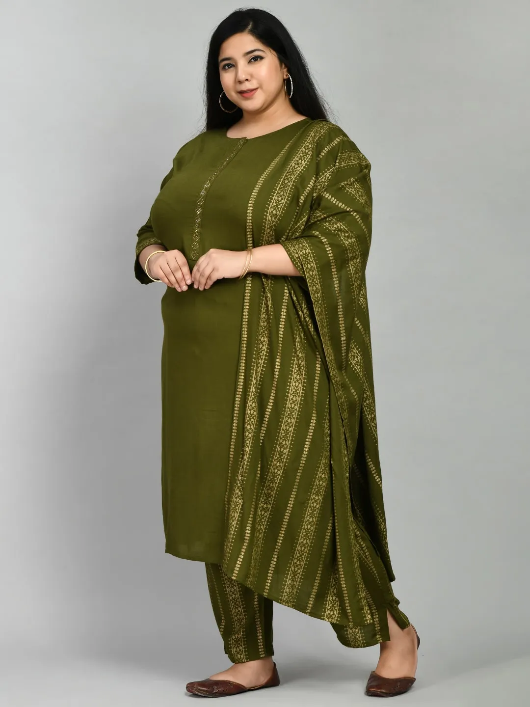 Plus Size Lush Green Kurta Pant Set with Dupatta