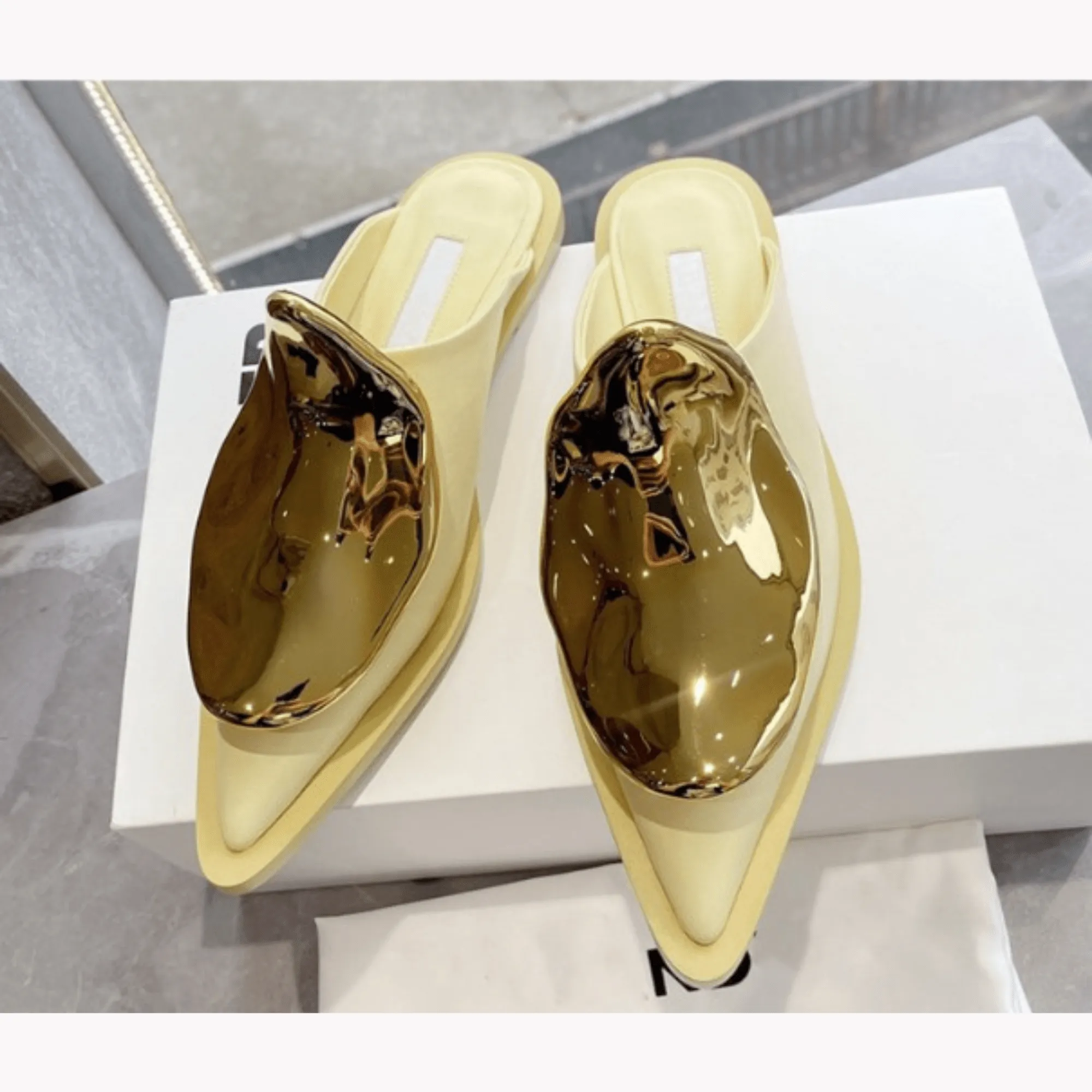 Pre Order:  Golden Metal Decor Flat Mules