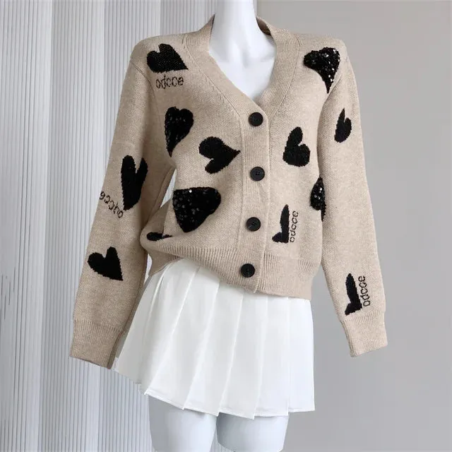 Pre Order:  Sequined Love Jacquard V-Neck Loose Knit Cardigan