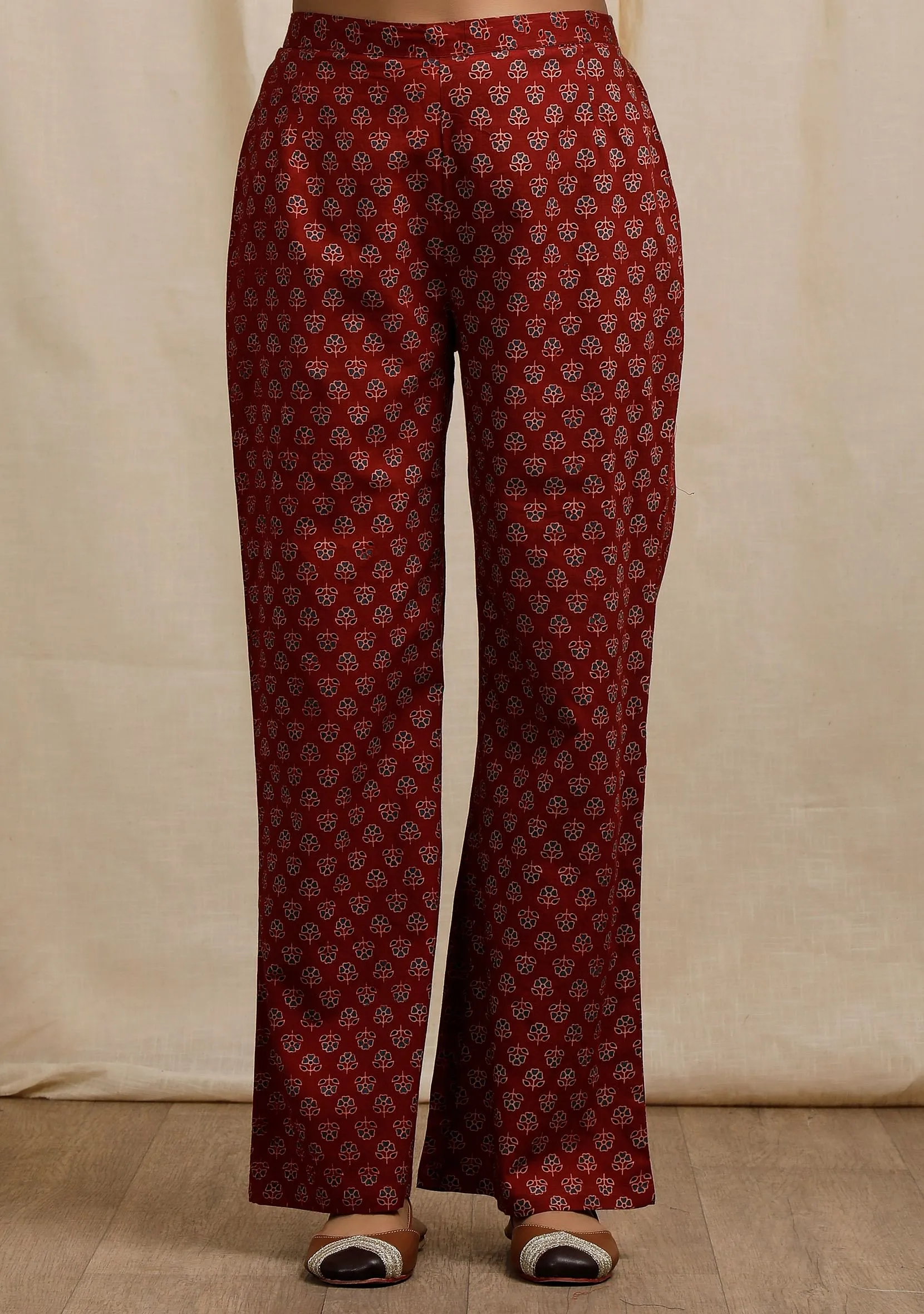 Red Ajrakh Print Straight Pants