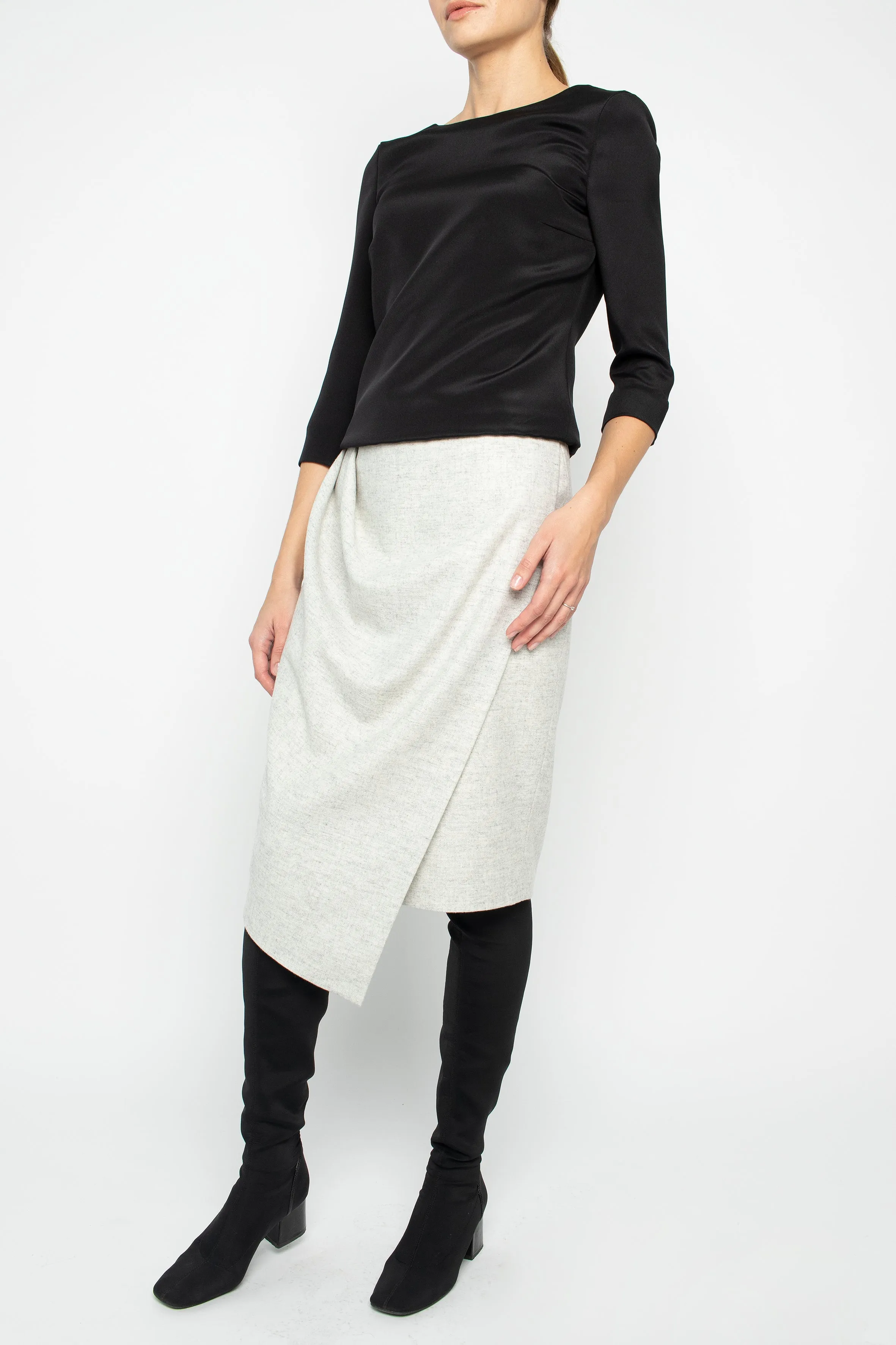 RHIZOPHORA LIGHT GRAY WOOL ASYMMETRIC PENCIL SKIRT