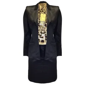 Roberto Cavalli Black / Tan Leopard Print Lined Satin Jacket and Skirt Set