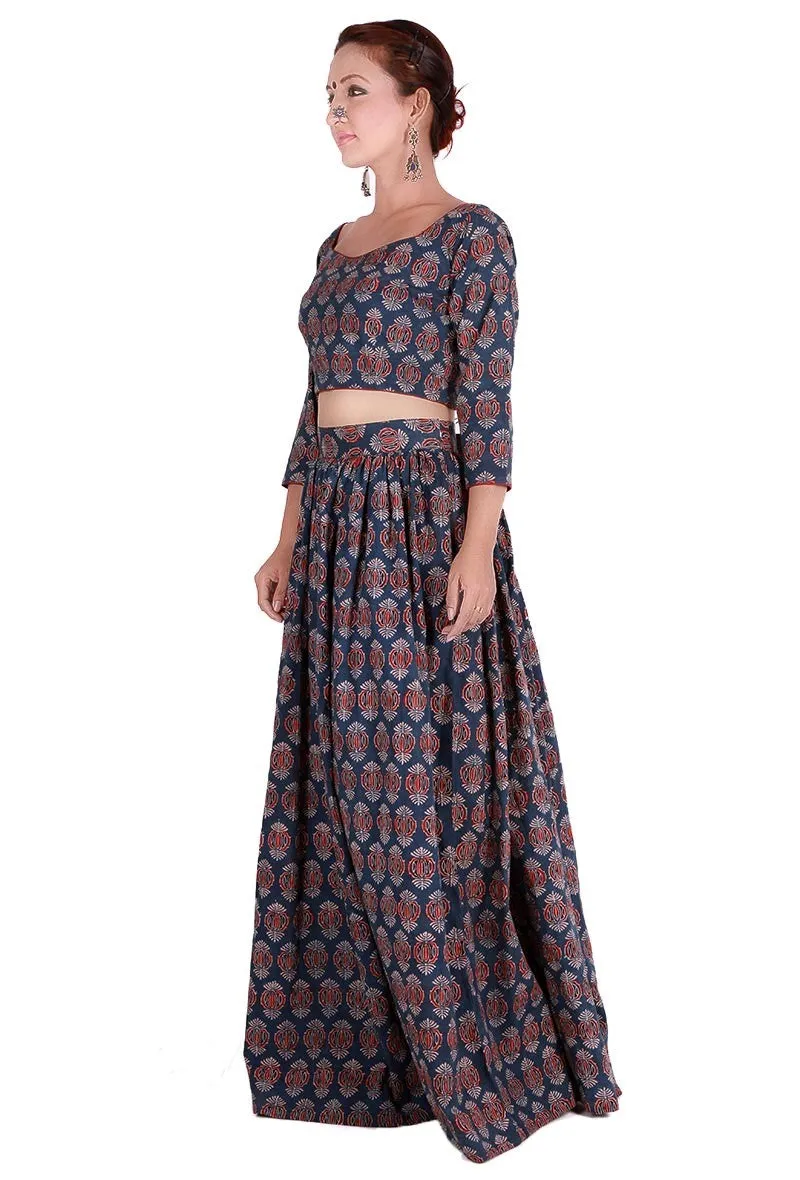 Set of 2 - Blue Ajrakh padded Crop Top & Skirt