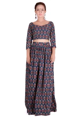 Set of 2 - Blue Ajrakh padded Crop Top & Skirt