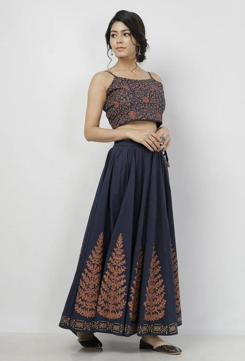 Set of 2: Indigo Blue Leaves Hand-Block Printed Cotton Slip Blouse with Floral Hand-Block Printed Tasseled Cotton Skirt