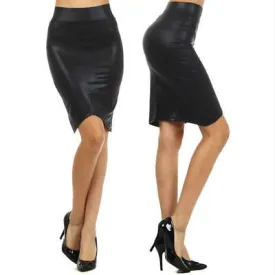 Skirt Shiny Wet Look Faux Leather Knit Textured Pencil Black