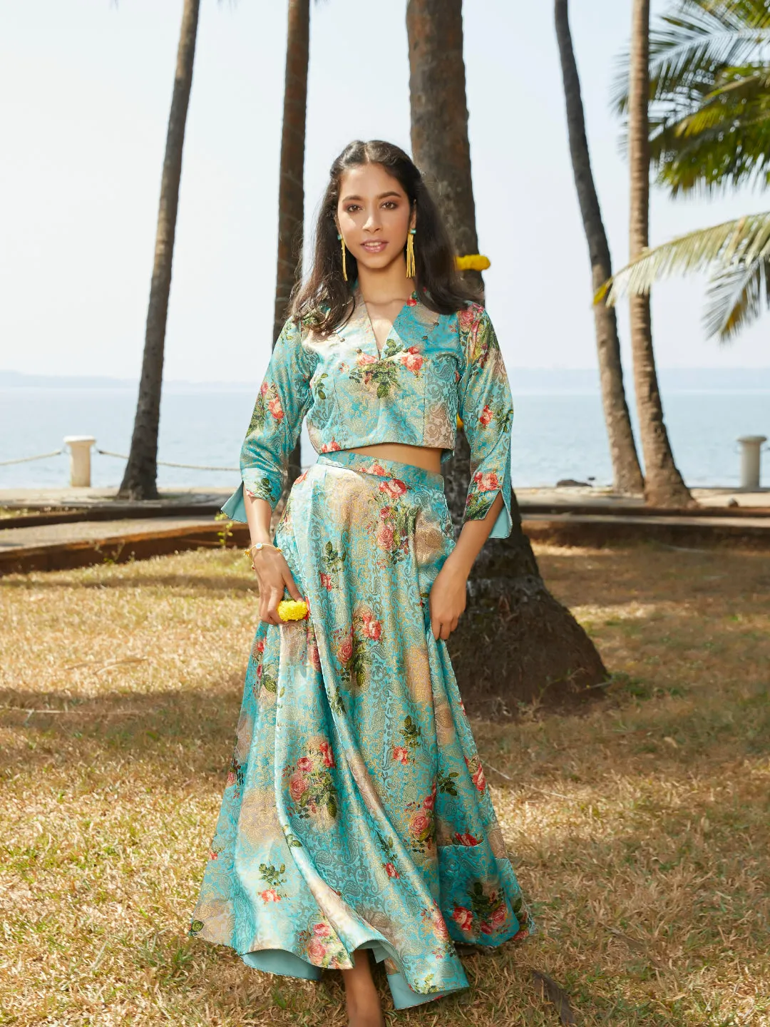 Sky Blue Printed Jacquard Flaired Skirt Top