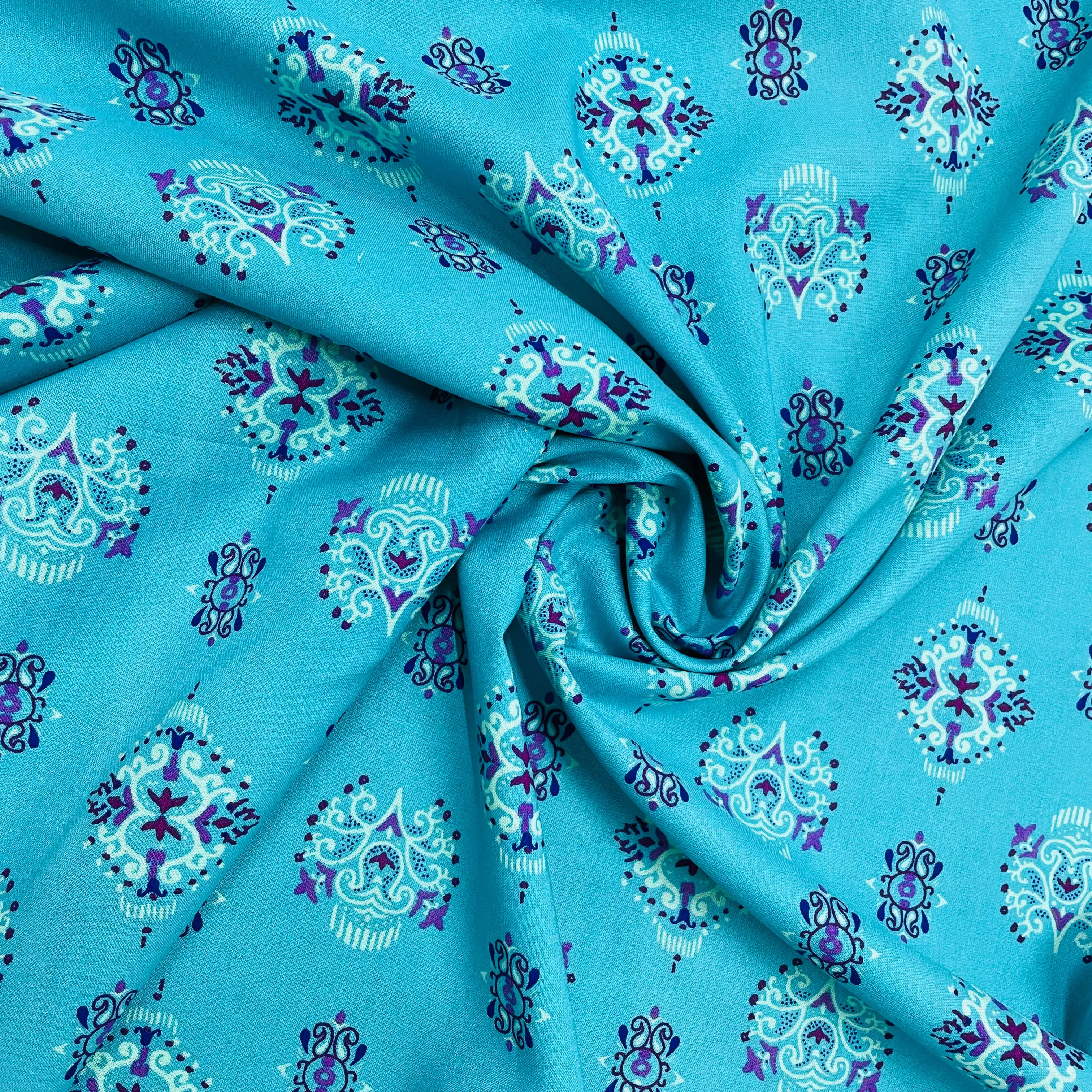 Sky Blue Traditional Print Rayon Fabric