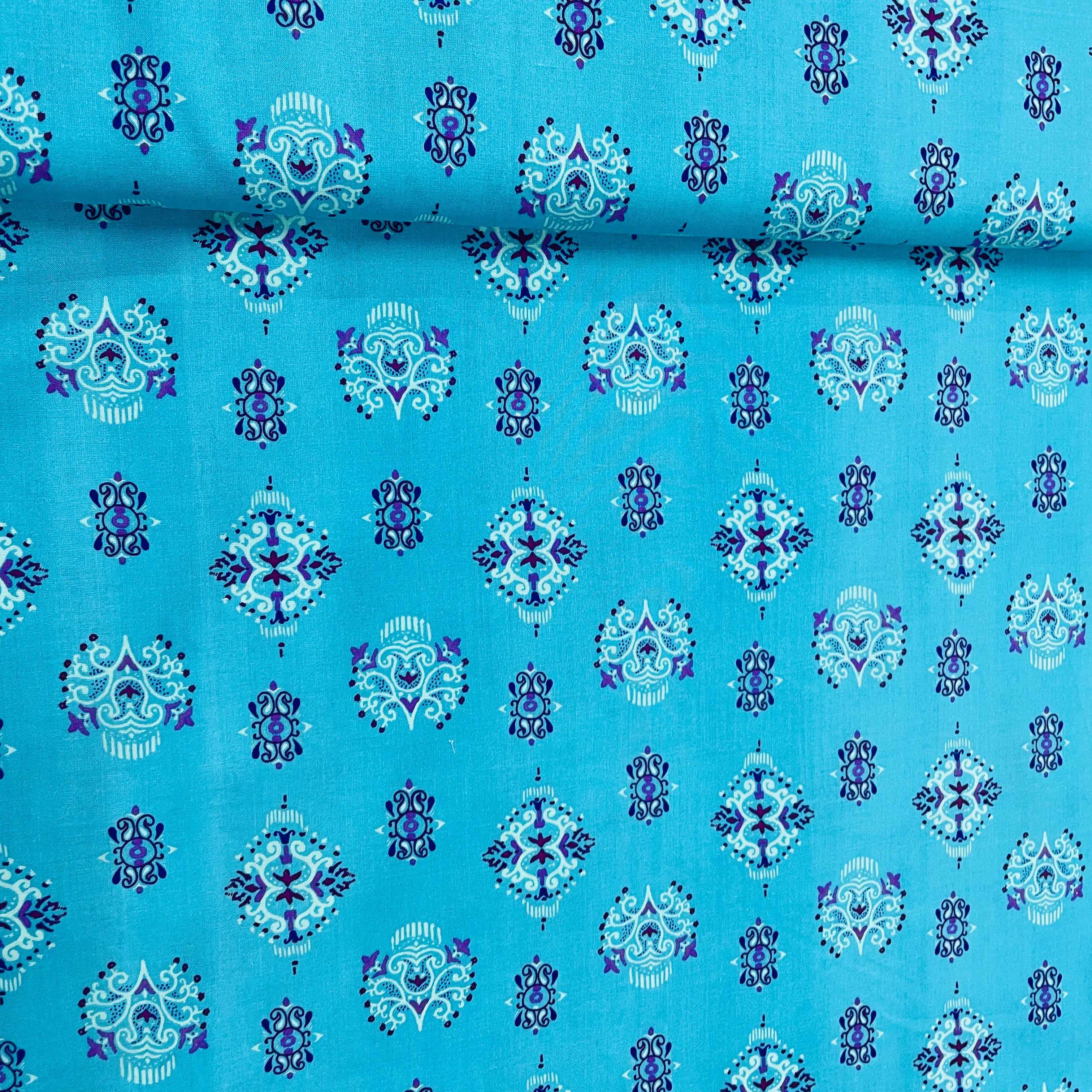 Sky Blue Traditional Print Rayon Fabric