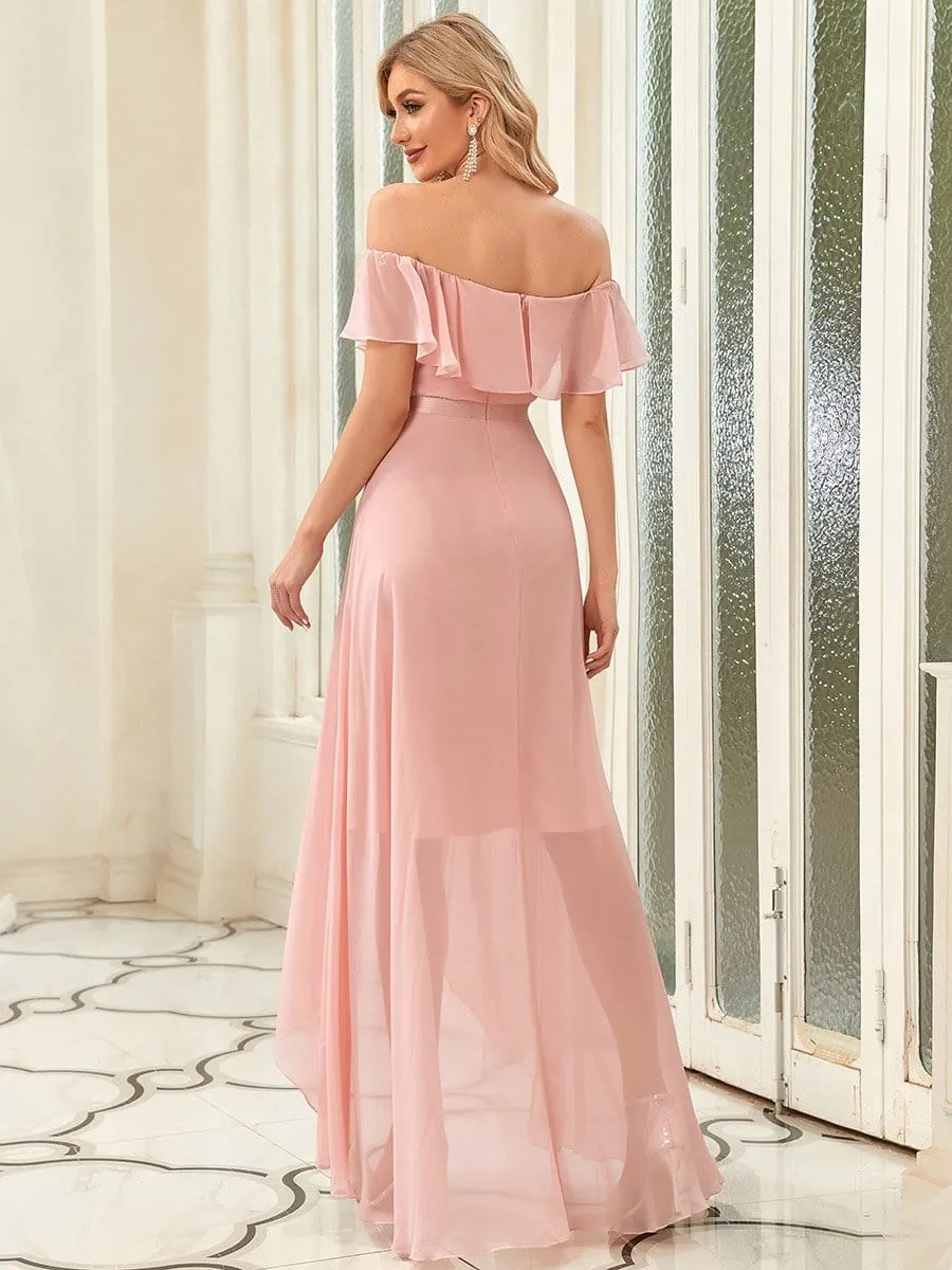 Strapless Off-Shoulder Ruffle High Low Bridesmaid Dress