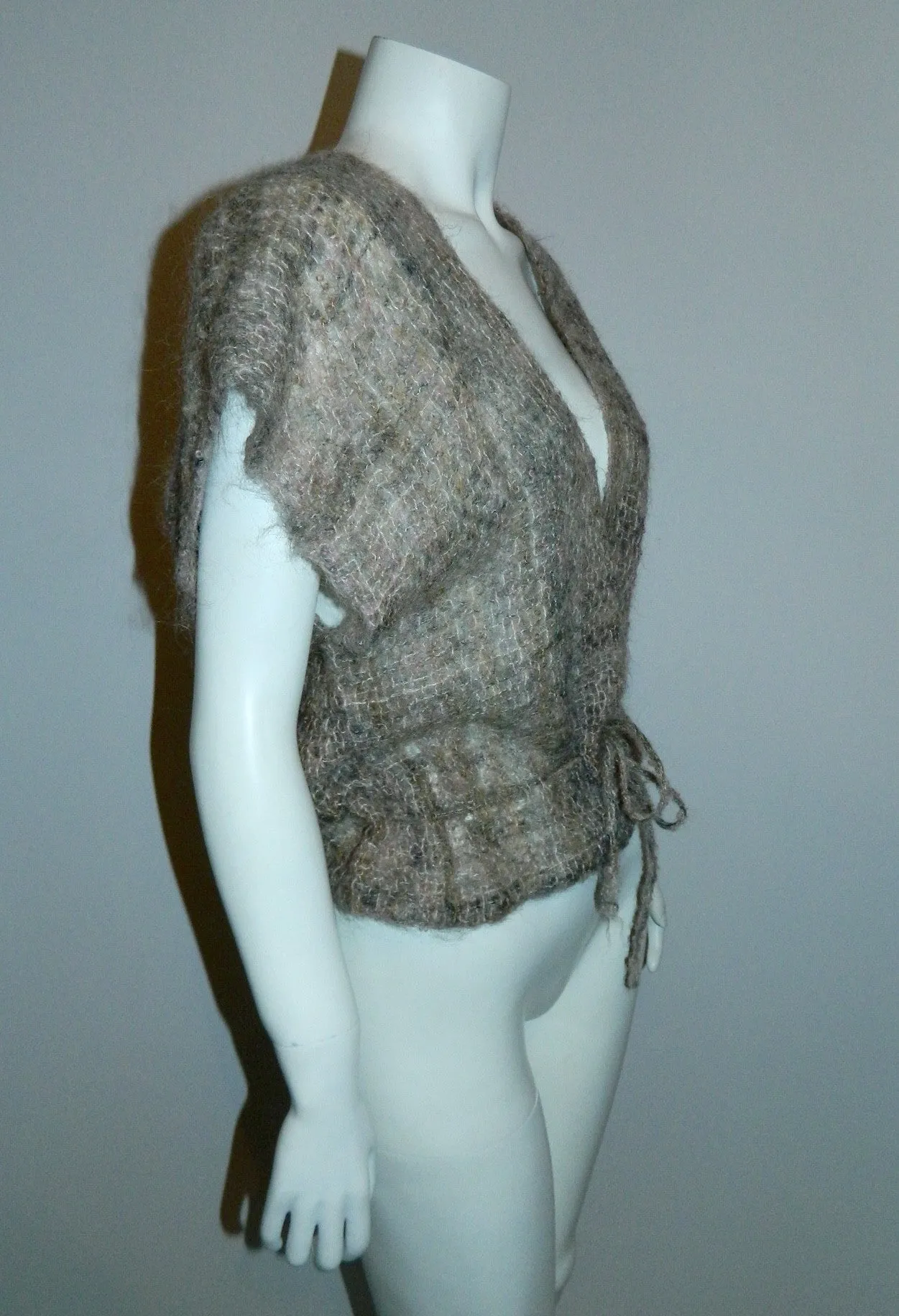 vintage 1970s woven MOHAIR sweater / cap sleeve cardigan vest / backless shawl top