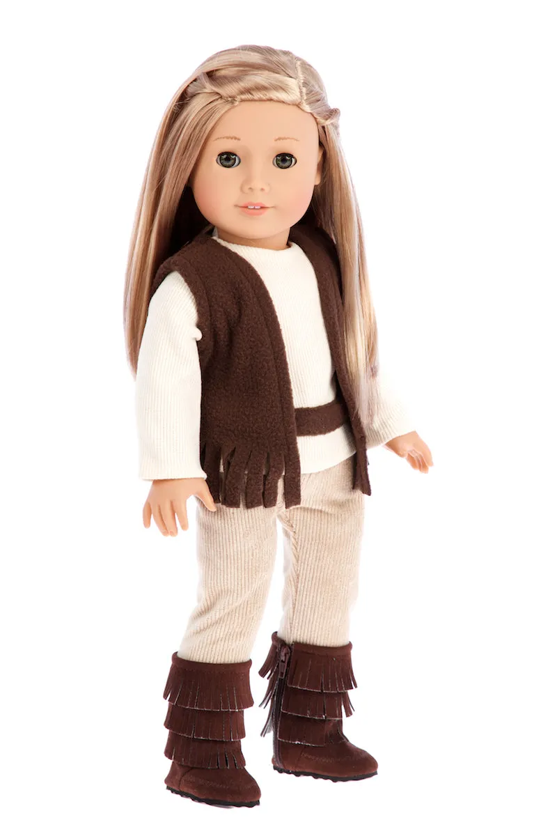 Warm and Cozy - Doll Clothes for 18 inch Dolls - 4 Piece Doll Outfit - Brown Vest, Ivory Blouse, Corduroy Pants and Brown Boots