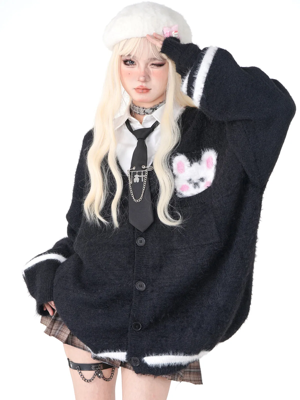 Young Eyes Cute Rabbit Fuzzy Knit Black Gray V Neck Cardigan