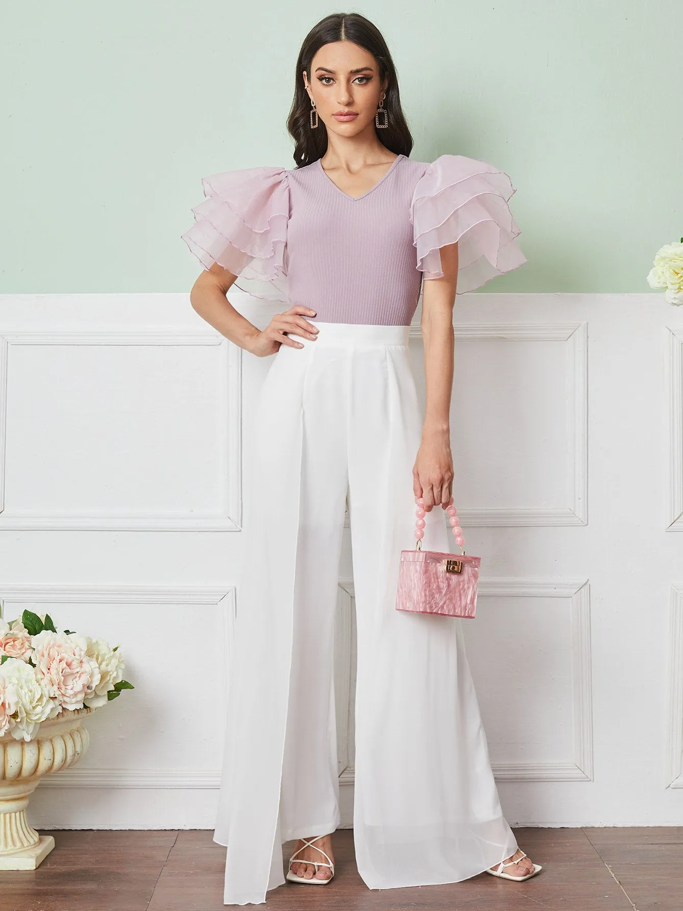 Zipper Back Wide Leg Pants With Cape