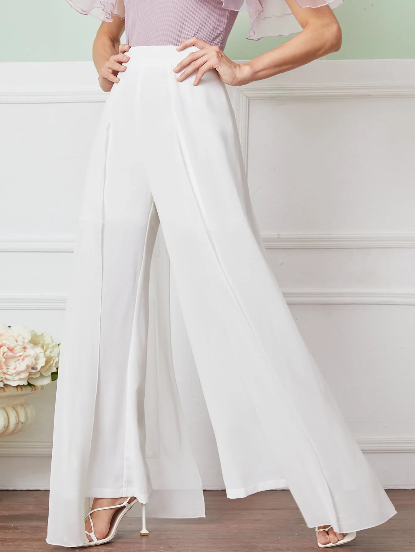 Zipper Back Wide Leg Pants With Cape